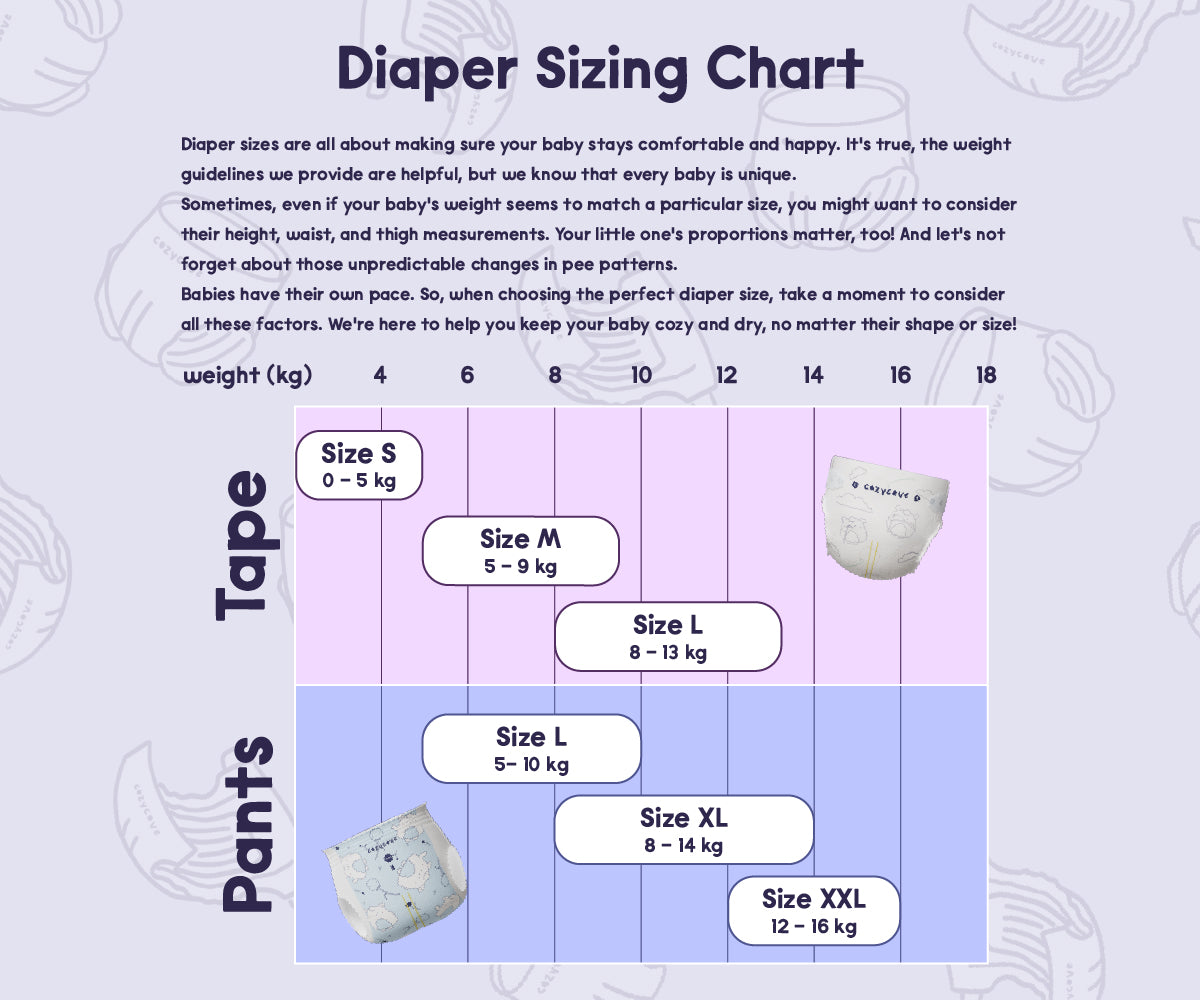 cozycove babay diaper size chart for tape and pants diaper