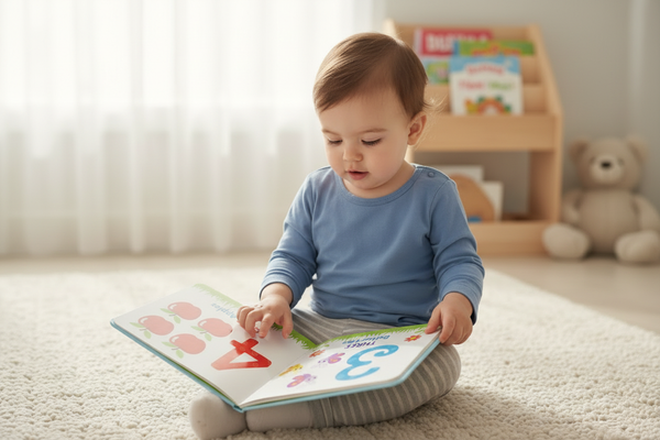 baby 2 years old playing with this book